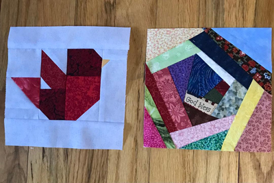Two quilt blocks - bird and crazy quilt www.dlstewart.com
